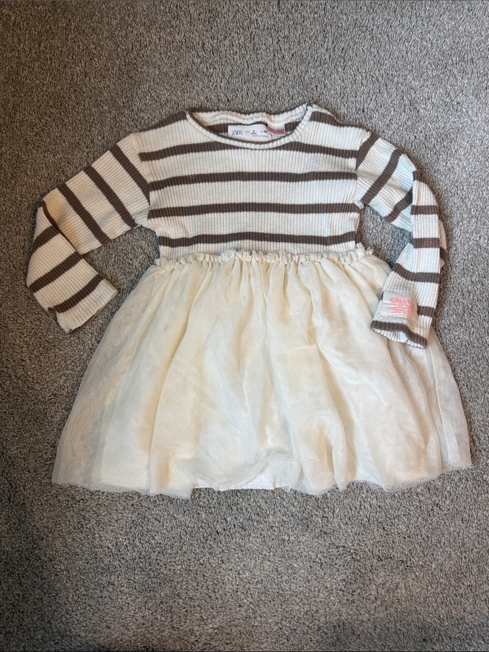 Zara Brown & Cream Striped Knit Top with Cream Tulle Skirt